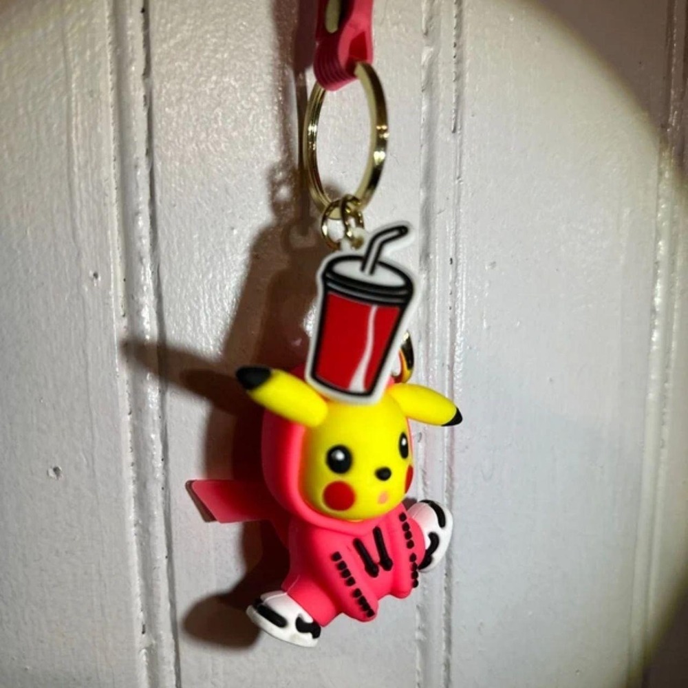 Pikachu Pink Hoodie Keychain 3D Figure Wristlet Soda Charm Kawaii Accessory